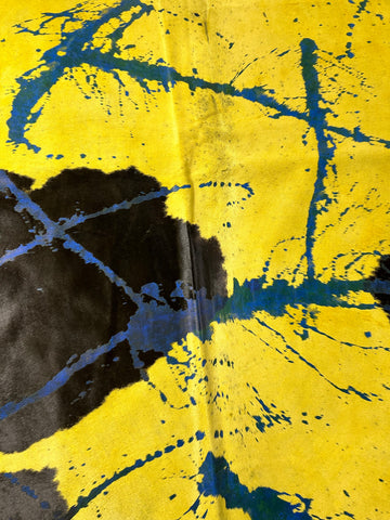 Huge Dyed Yellow Cowhide Rug with Abstract Blue Acid Washed Lines (HUGE!!!) Size: 8x7 feet D-431