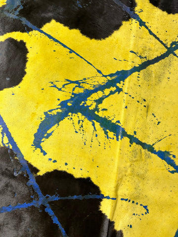 Huge Dyed Yellow Cowhide Rug with Abstract Blue Acid Washed Lines (HUGE!!!) Size: 8x7 feet D-431