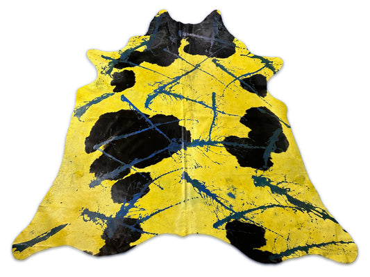 Huge Dyed Yellow Cowhide Rug with Abstract Blue Acid Washed Lines (HUGE!!!) Size: 8x7 feet D-431