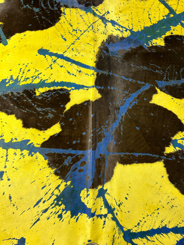 Huge Dyed Yellow Cowhide Rug with Abstract Blue Acid Washed Lines (HUGE!!!) Size: 8x7 feet D-432