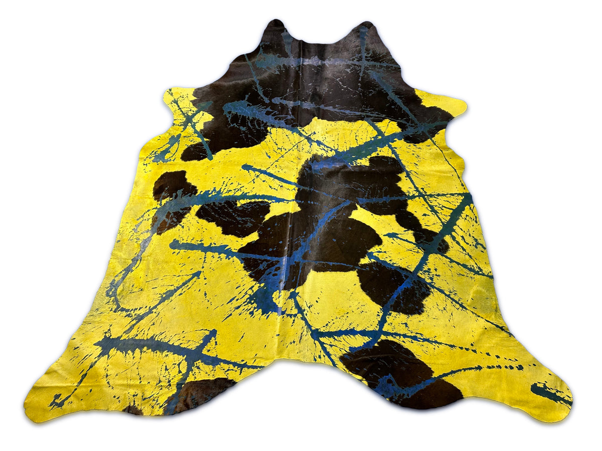 Huge Dyed Yellow Cowhide Rug with Abstract Blue Acid Washed Lines (HUGE!!!) Size: 8x7 feet D-432