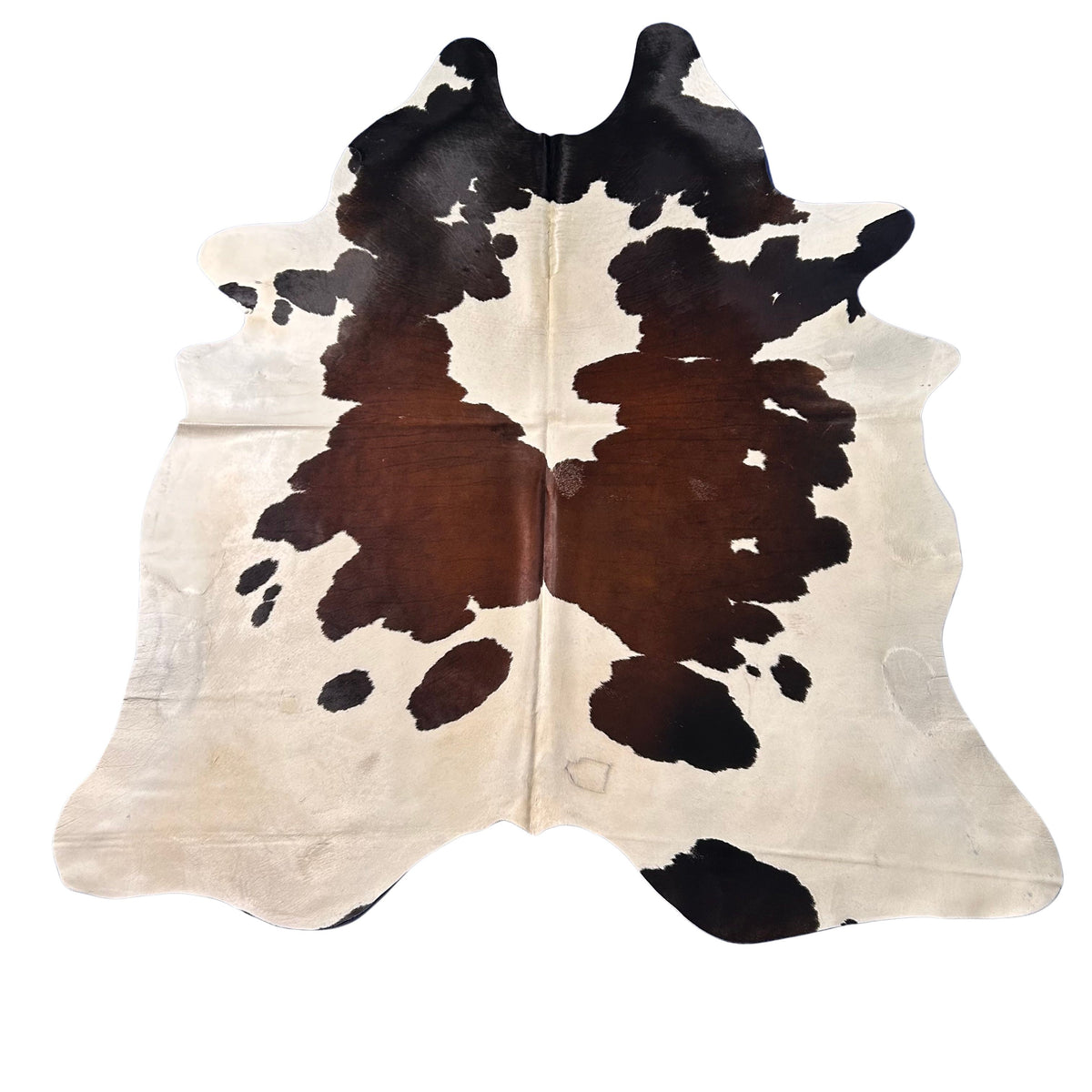 Chocolate & White Cowhide Rug (gorgeous/ 1 patch + 1 fire brand) Size: 8x6.5 feet D-472