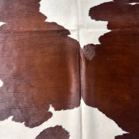 Chocolate & White Cowhide Rug (gorgeous/ 1 patch + 1 fire brand) Size: 8x6.5 feet D-472