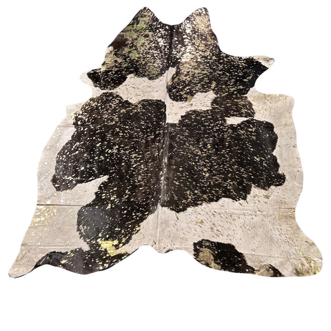 Black & White Gold Metallic Cowhide Rug (patch) Size: 7.2x6.7 feet D-474