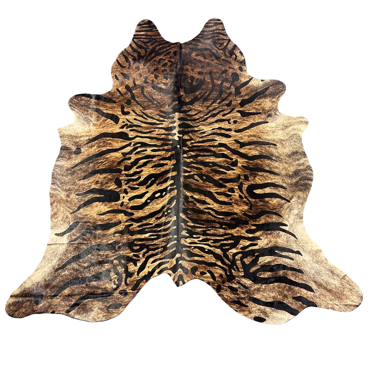 Siberian Tiger Print Cowhide Rug (2 patches but impossible to see on hair side) Size: 8x6.7 feet D-594