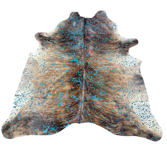 Brindle Cowhide Rug with Turquoise Acid Washed Size: 7x6.7 feet D-903