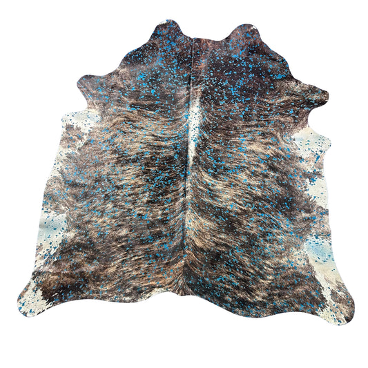 Dark Brindle Turquoise Acid Washed Cowhide Rug (white belly) Size: 8x7 feet D-995