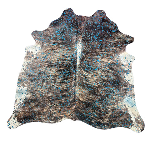Dark Brindle Turquoise Acid Washed Cowhide Rug (white belly) Size: 8x7 feet D-995