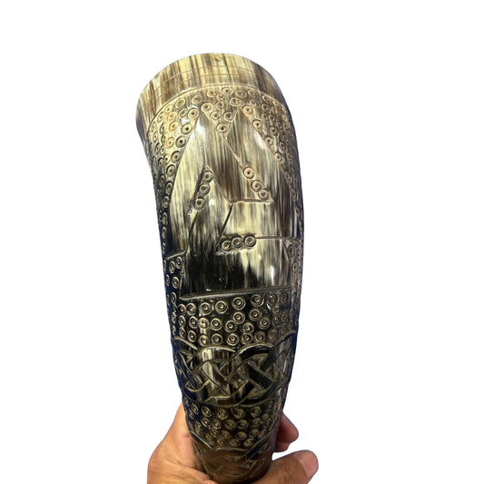 Viking Drinking Horn - Viking Warrior Scrimshaw Drinking Horn - Viking Drinking Cup - Ox Horn mug with Viking Design