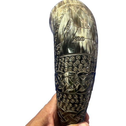 Viking Drinking Horn - Viking Warrior Scrimshaw Drinking Horn - Viking Drinking Cup - Ox Horn mug with Viking Design