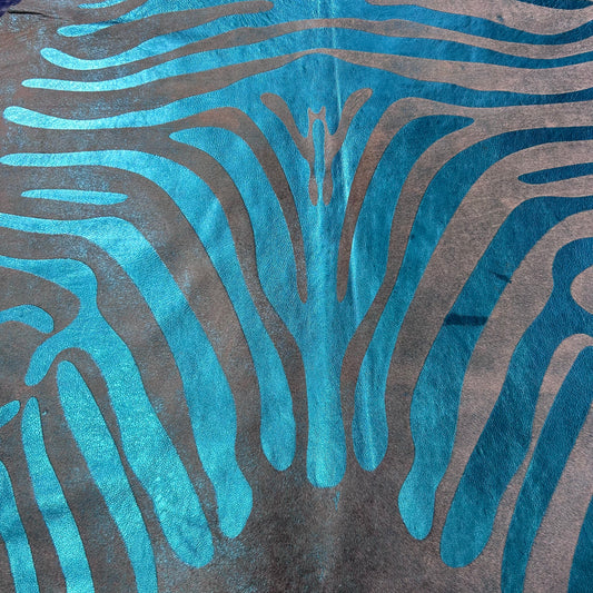 Turquoise Metallic Zebra Print Cowhide Rug Size: 7x6 feet Z-332