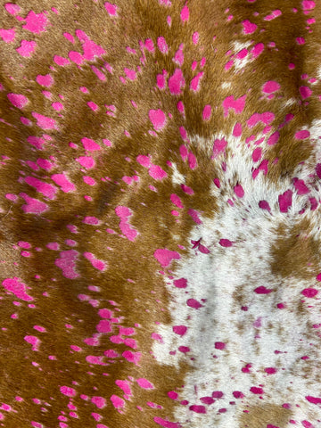 Brown Cowhide Rug with Pink Dyed Acid Washed Size: 8x7 feet D-021