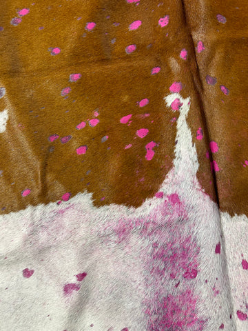 Brown & White Spotted Cowhide Rug with Pink Dyed Acid Washed Size: 7x6 feet D-022
