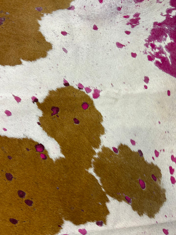 Brown & White Spotted Cowhide Rug with Pink Dyed Acid Washed Size: 7x6 feet D-022