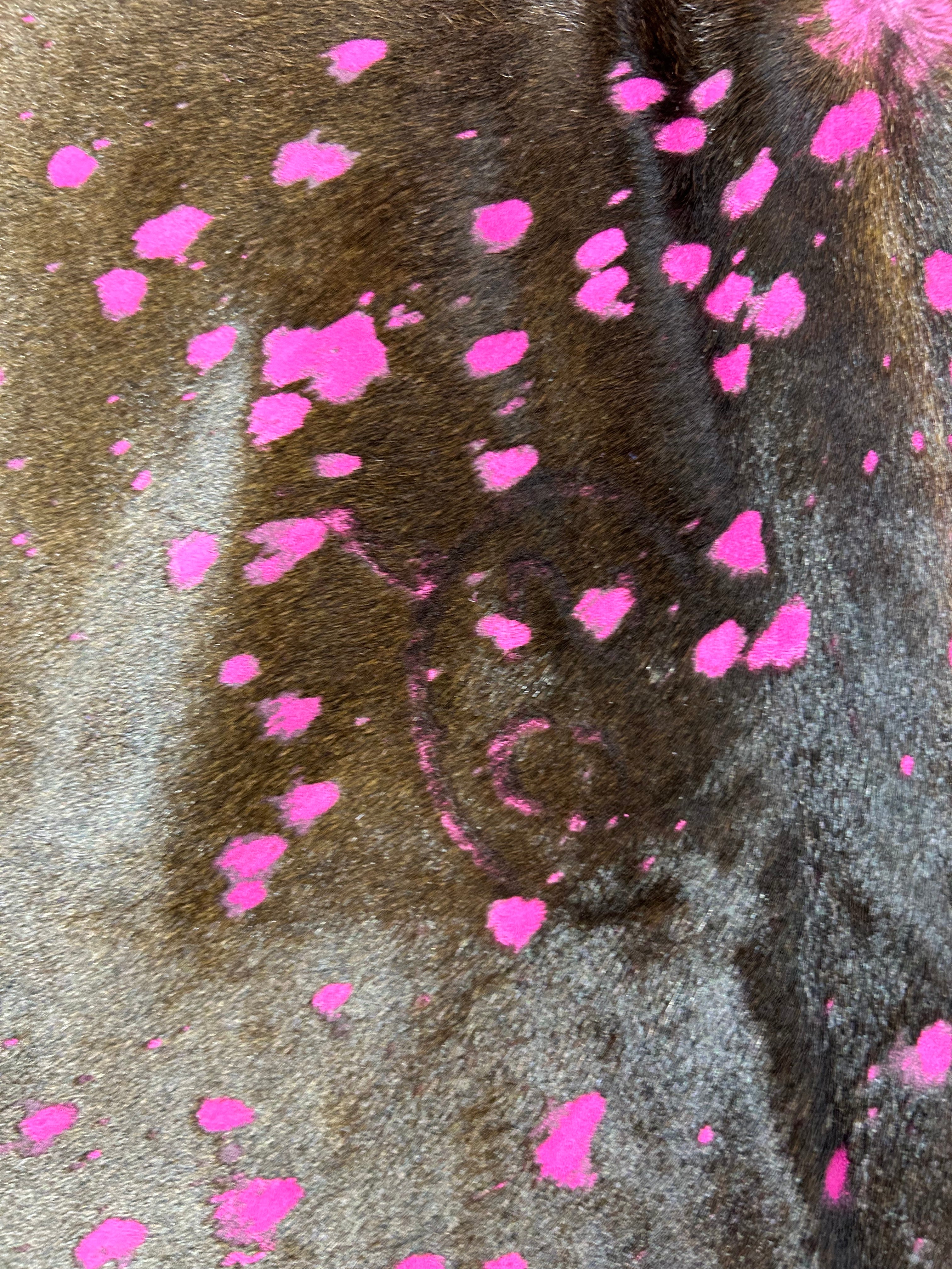 Chocolate Brown Cowhide Rug with Pink Dyed Acid Washed (fire brands) Size: 7x6.5 feet D-024