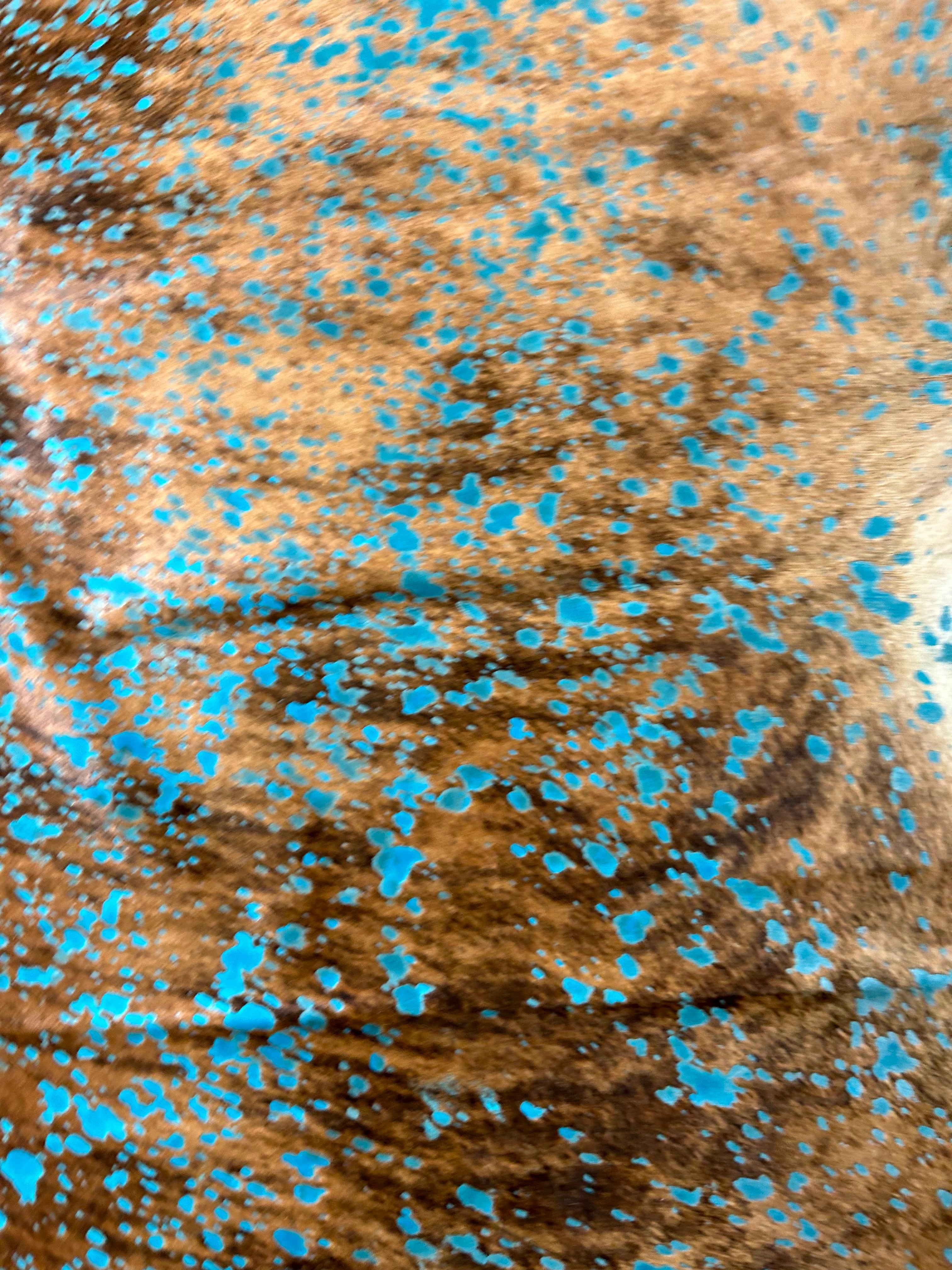 Gorgeous Medium Brindle Cowhide Rug with Turquoise Acid Washed Size: 8x7.2 feet D-028