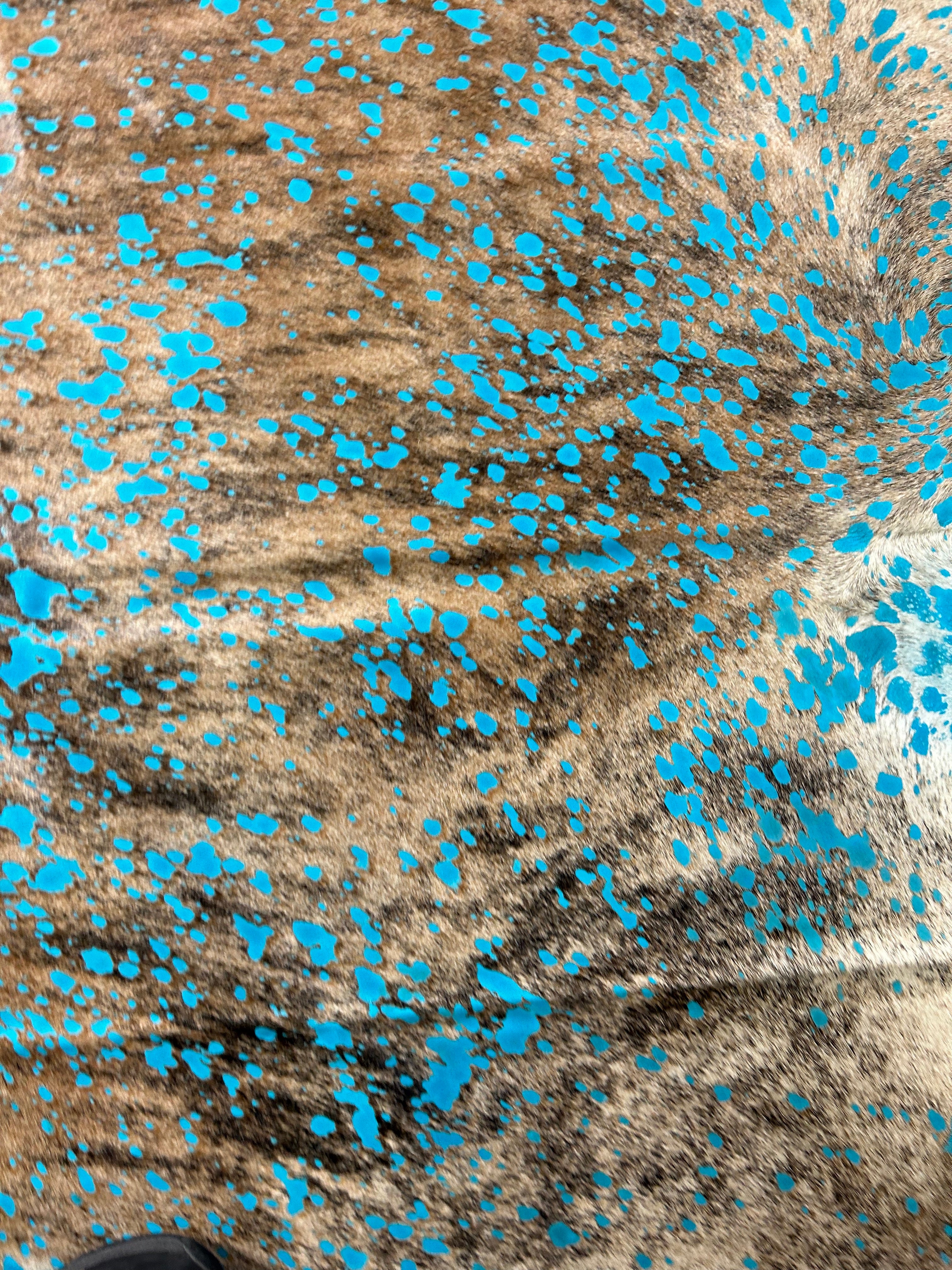 Gorgeous Medium Brindle Cowhide Rug with Turquoise Acid Washed Size: 8x7.2 feet D-029