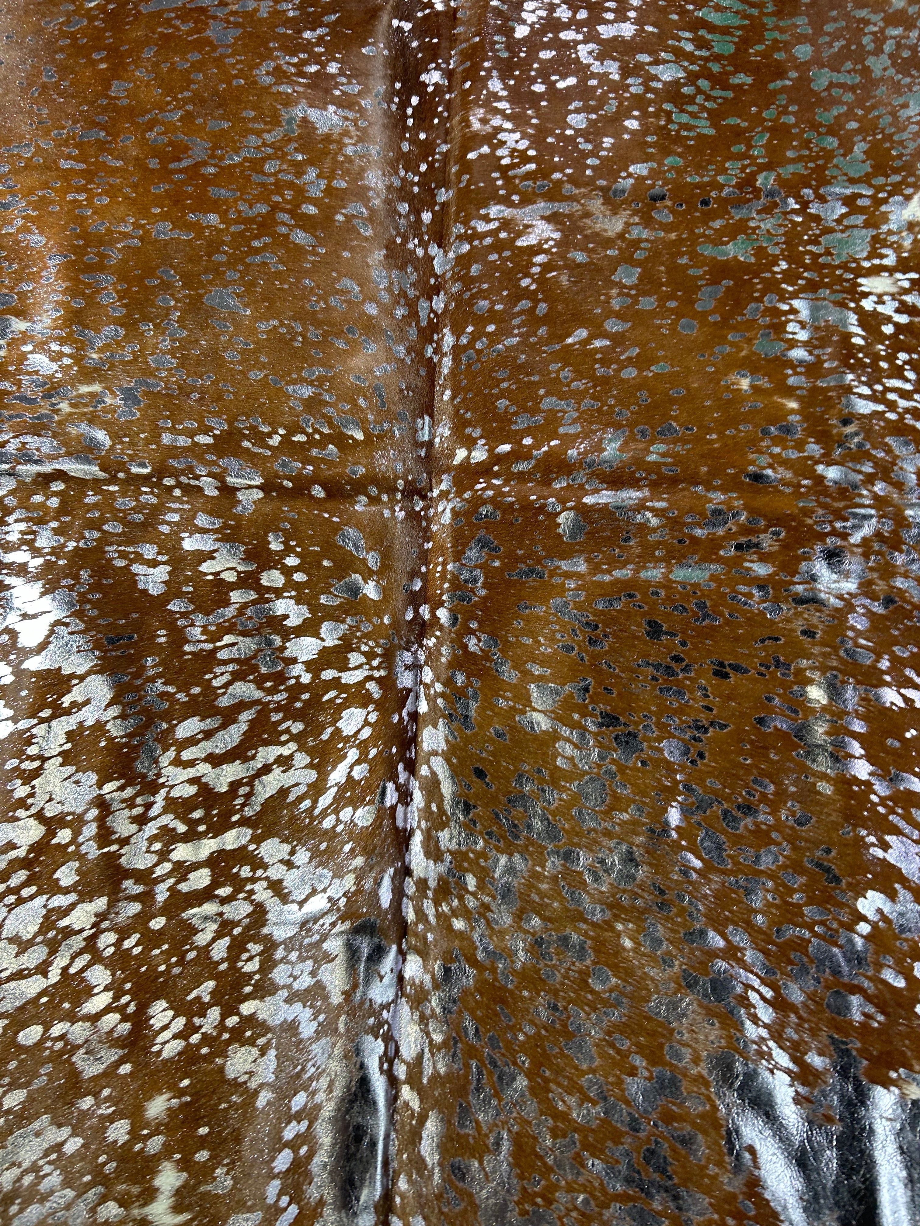 Brown Cowhide Rug with Silver Metallic Acid Washed (gorgeous) Size: 7.2x7 feet D-037