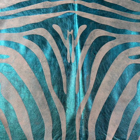 Turquoise Zebra Metallic Cowhide Rug Size: 7.7x6 feet D-579