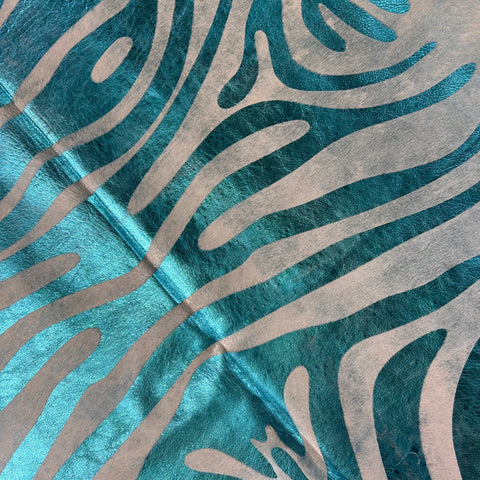 Turquoise Zebra Metallic Cowhide Rug Size: 7.7x6 feet D-579