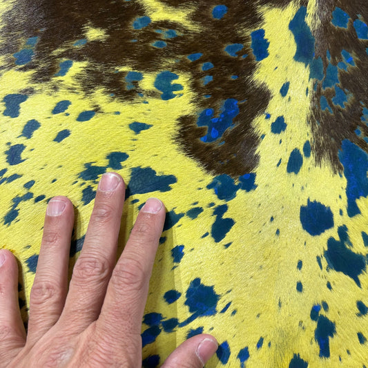 Calf Skin Dyed Yellow and Turquoise Acid Washed Size: 38x30" Y-036