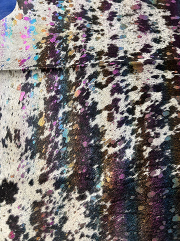 Multicolor Metallic Acid Washed Black & White Cowhide Rug (one tear) Size: 7x5.7 feet D-081