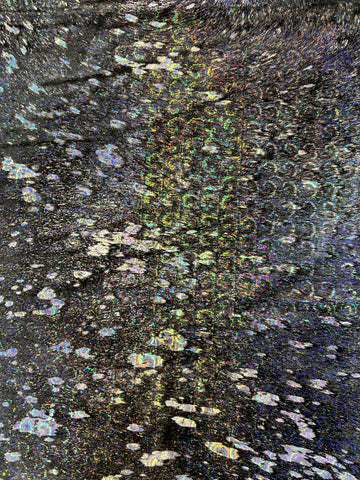 Black Cowhide Rug with Multicolor Holographic Metallic Acid Washed Size: 7x6.2 feet D-085