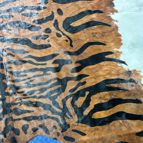 Java Tiger with White Belly and Spine Cowhide Rug Size: 8x7 feet Z-360
