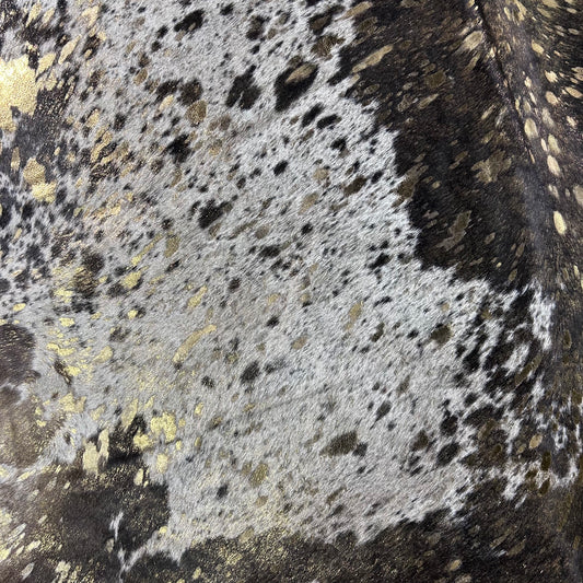 Chocolate Brown and White Cowhide Rug with Gold Metallic Acid Washed Size: 7x6 feet Y-060