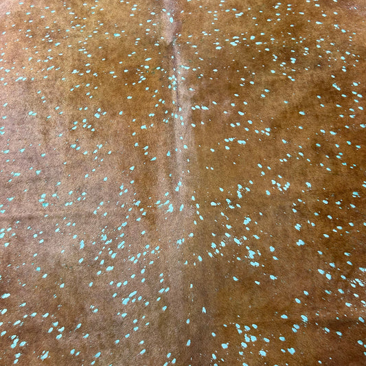 Brown Cowhide Rug with Green Turquoise Acid Washed Dyed Size: 8x6.7 feet J-143