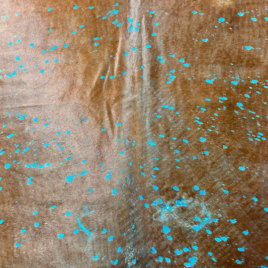 Brown Cowhide Rug Acid Washed Dyed Blue Turquoise Size: 8x6.5 feet J-149