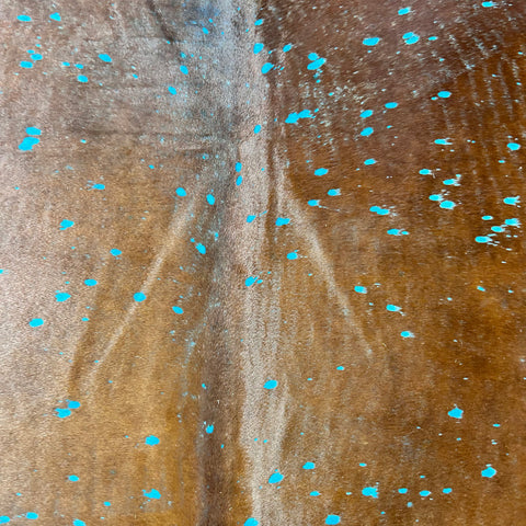 Brown Cowhide Rug Acid Washed Dyed Blue Turquoise Size: 8x6.5 feet J-149