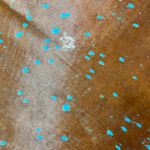 Brown Cowhide Rug Acid Washed Dyed Blue Turquoise Size: 8x6.5 feet J-149