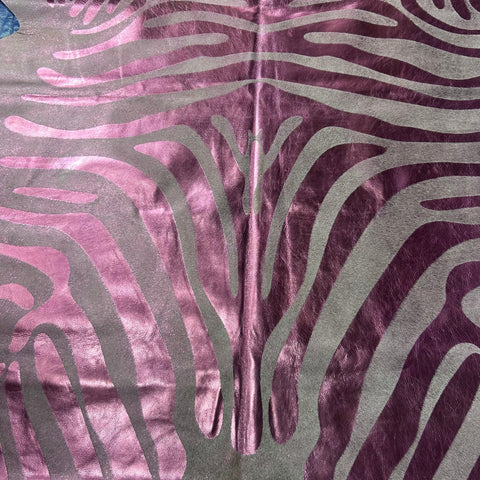 Pink Metallic Zebra Cowhide Rug Size: 7x6.5 feet J-077
