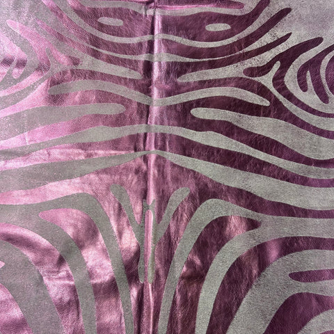Pink Metallic Zebra Cowhide Rug Size: 7x6.5 feet J-077