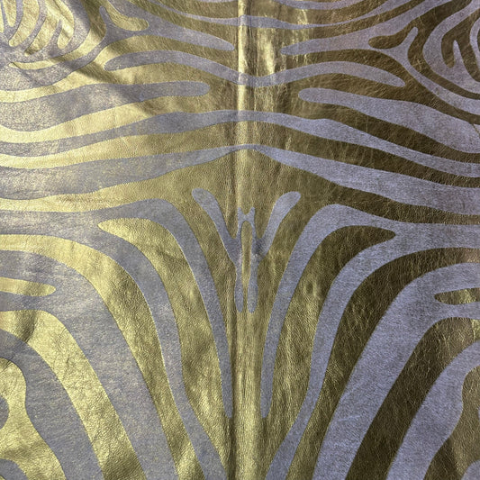 Gold Metallic Zebra Cowhide Rug Size: 7x6 feet J-081
