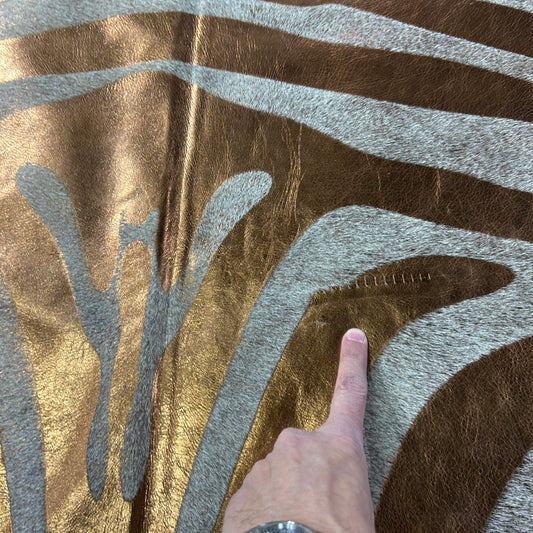 Bronze Metallic Zebra Cowhide Rug (stitch) Size: 7x6 feet J-084