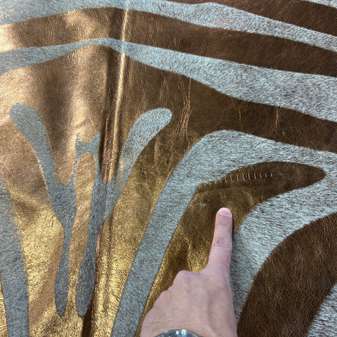Bronze Metallic Zebra Cowhide Rug (stitch) Size: 7x6 feet J-084