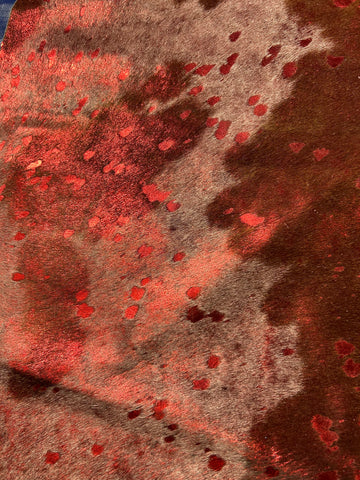 Spotted Cowhide Rug with Red Metallic Acid Washed Size: 7.2x6.2 feet D-133