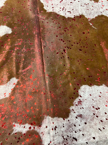 Spotted Cowhide Rug with Red Metallic Acid Washed Size: 7.5x6.2 feet D-141