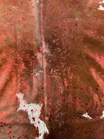 Spotted Cowhide Rug with Red Metallic Acid Washed Size: 7x6.2 feet D-142