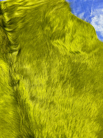 Dyed Chartreuse Green Cowhide Rug (gorgeous hair/ longish and shiny) Size: 7x6.5 feet D-149