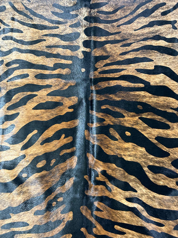 Siberian Tiger Print Cowhide Rug on Brindle Background Size: 7.7x6.5 feet D-196