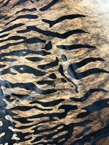 Siberian Tiger Print Cowhide Rug on Brindle Background Size: 8x7 feet D-198