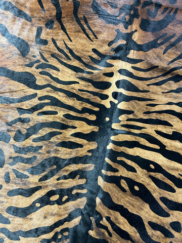 Siberian Tiger Print Cowhide Rug on Brindle Background Size: 7x6.5 feet D-199