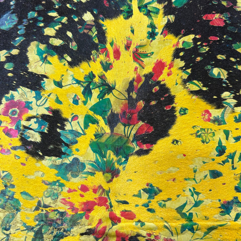 Dyed Yellow Calf Skin with Floral Pattern Acid Washed Size: 39x30" Z-066