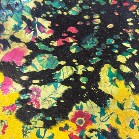 Dyed Yellow Calf Skin with Floral Pattern Acid Washed Size: 39x30" Z-066