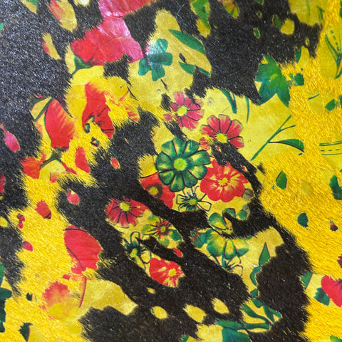Dyed Yellow Calf Skin with Floral Pattern Acid Washed Size: 39x30" Z-066