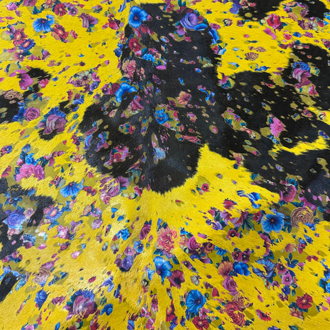Dyed Yellow Calf Skin with Floral Pattern Acid Washed Size: 42x31" Z-067