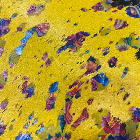 Dyed Yellow Calf Skin with Floral Pattern Acid Washed Size: 42x31" Z-067